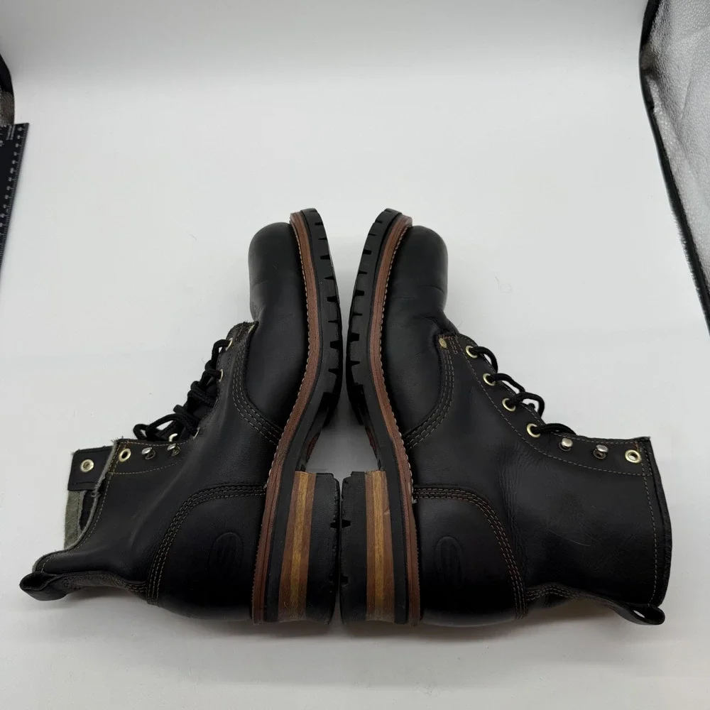 Skechers mens 9.5 Black Leather Combat Boots Punk Lug Sole 90s VTG y2 grunge